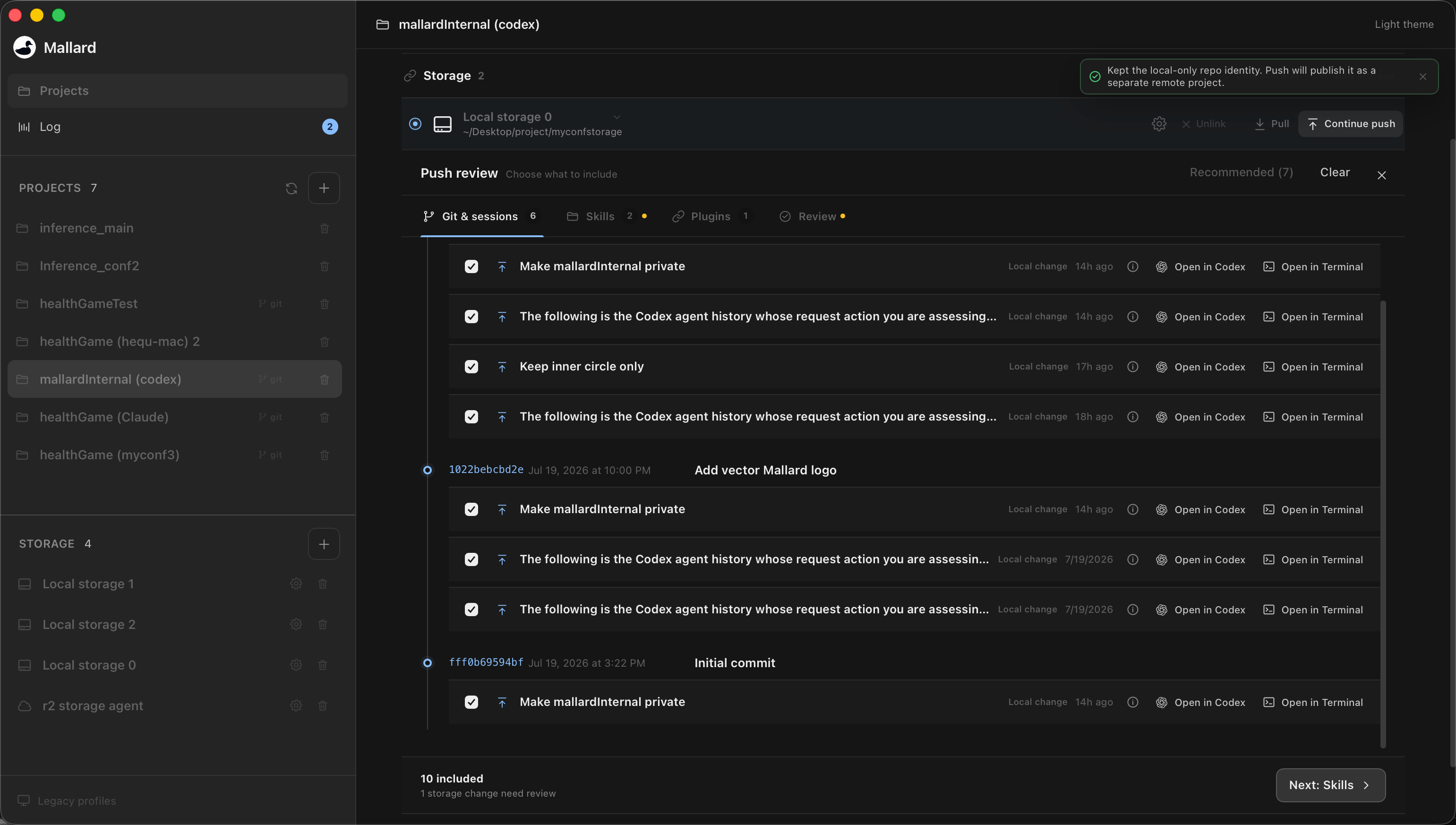 Mallard desktop app showing a project push review with selected Git sessions, skills, plugins, and restore actions.